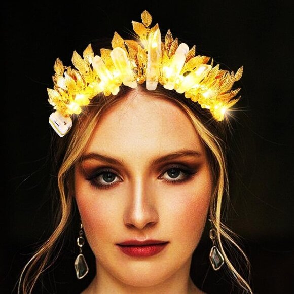 Light Up Fairy Queen Crown Gold Leaf LED Headpiece for Women Costume Festival